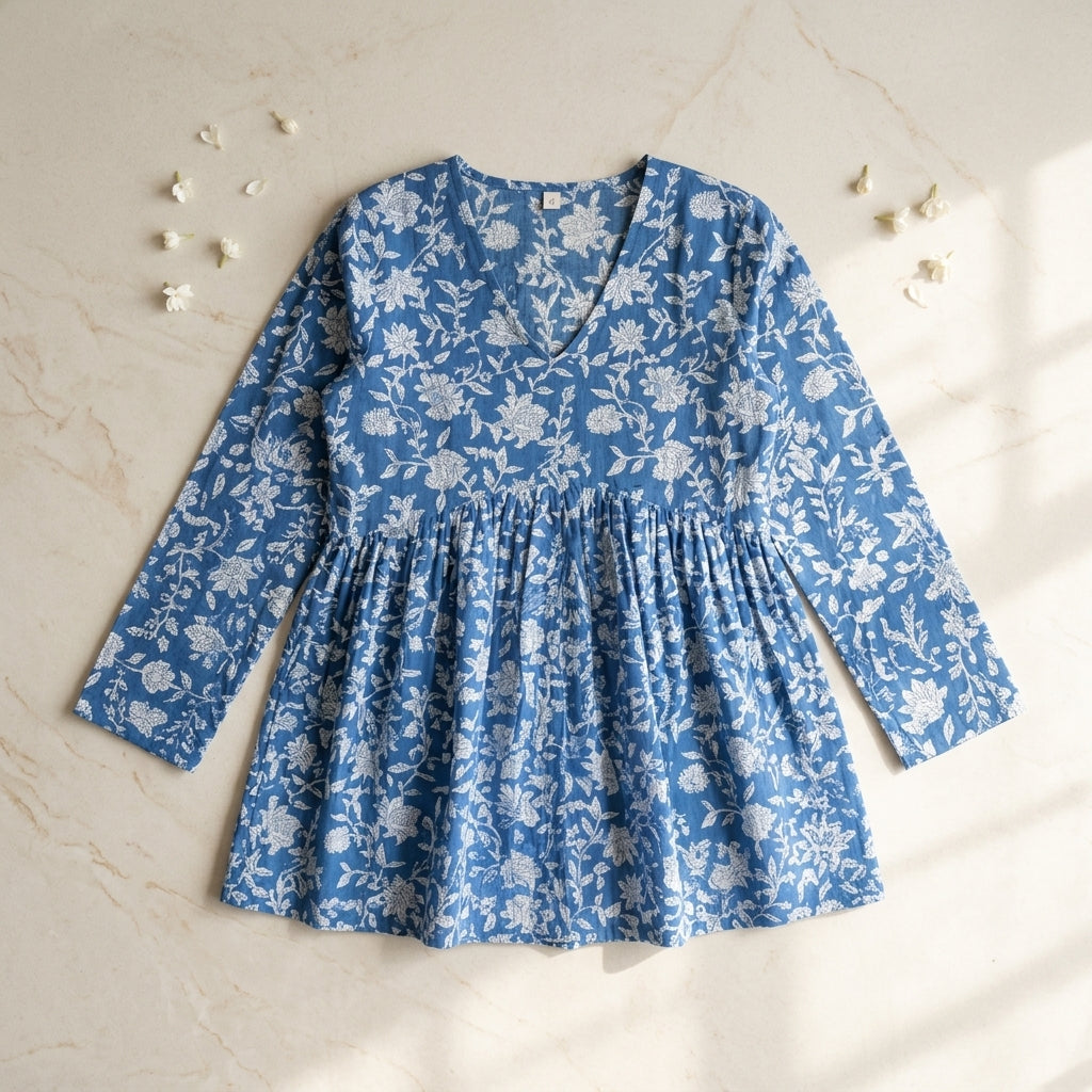 Women’s Blue Floral Alia Top | Premium Soft Cotton | V-Neck | Full Sleeves