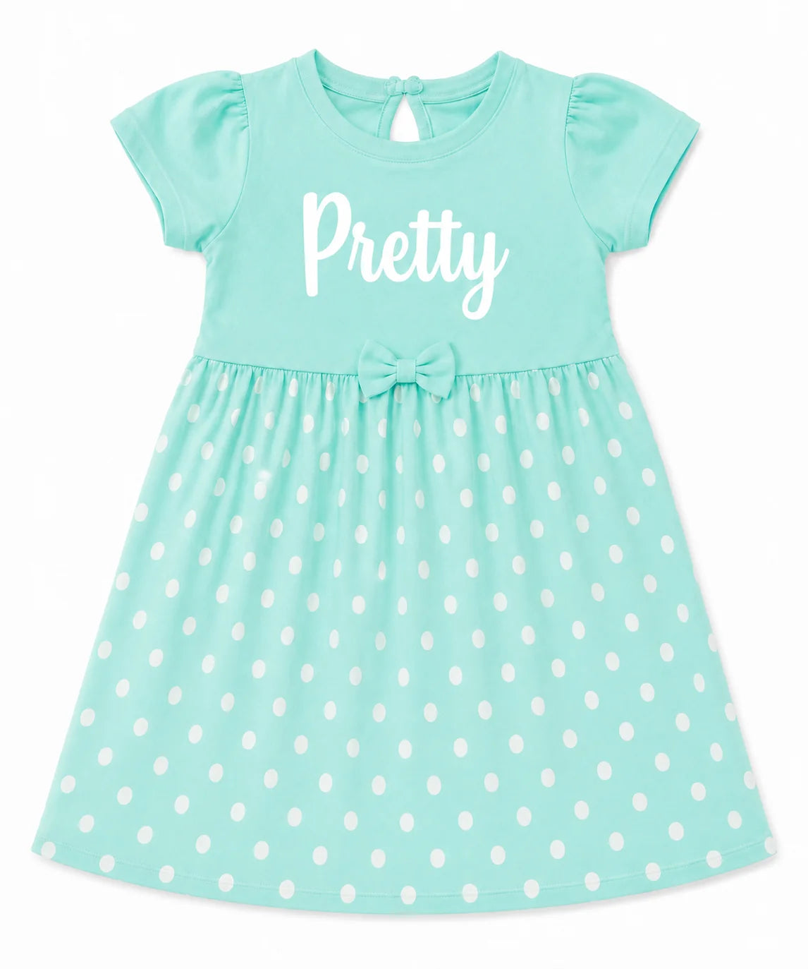 A toddler girl's short-sleeve dress in mint green with white polka dots on the skirt, featuring the word 'Pretty' printed in white script across the chest and a matching bow at the waist.