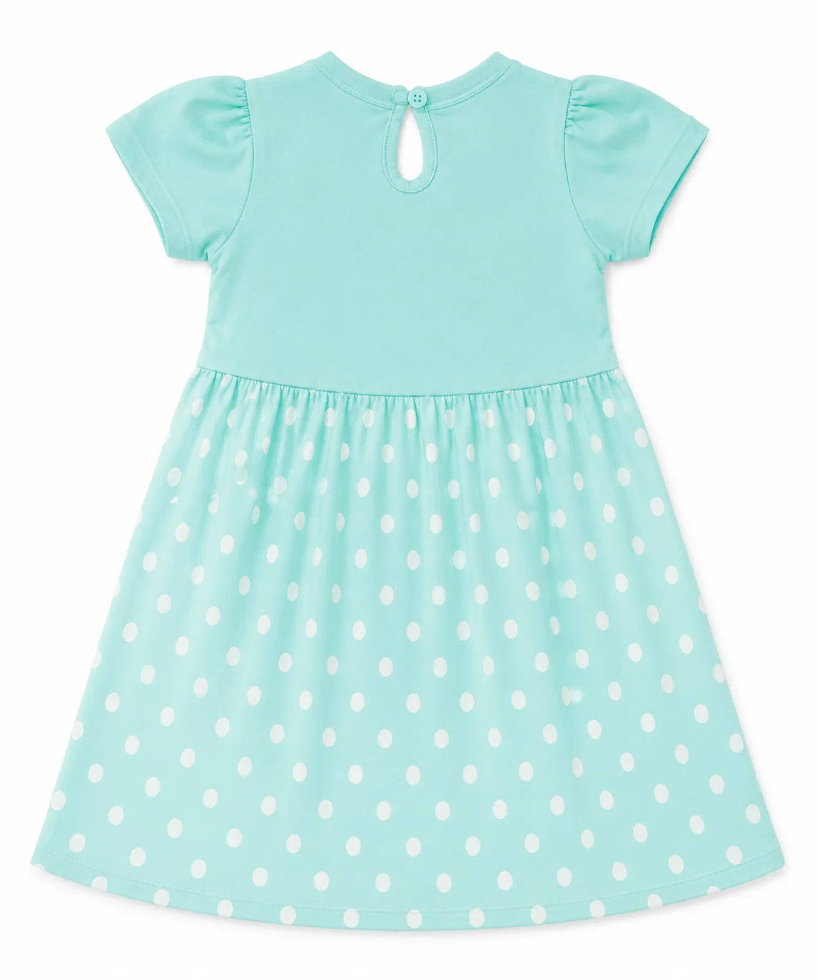 A light mint green baby dress with white polka dots, featuring short flutter sleeves, a gathered waist, and a keyhole back closure, shown against a plain white background.