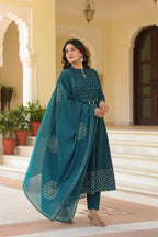 Royal Purple Cotton Kurta Pant Dupatta Set for Women