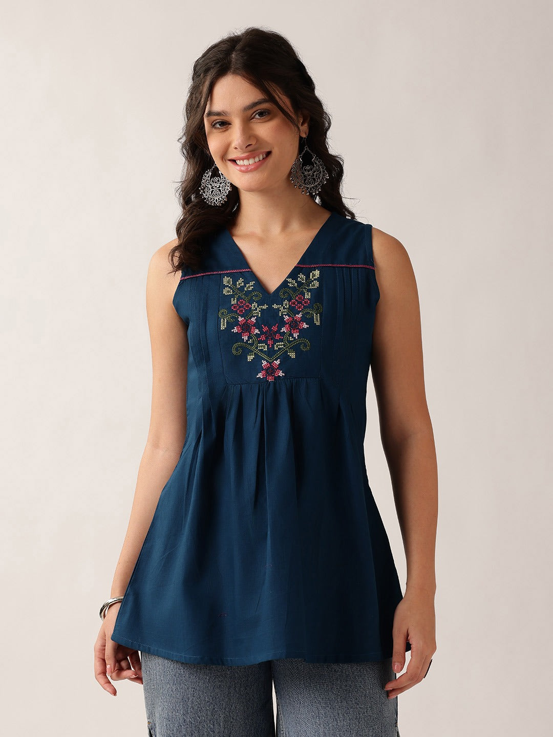 Women's White Embroidered Cotton Sleeveless Tunic Top