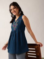 Women's White Embroidered Cotton Sleeveless Tunic Top