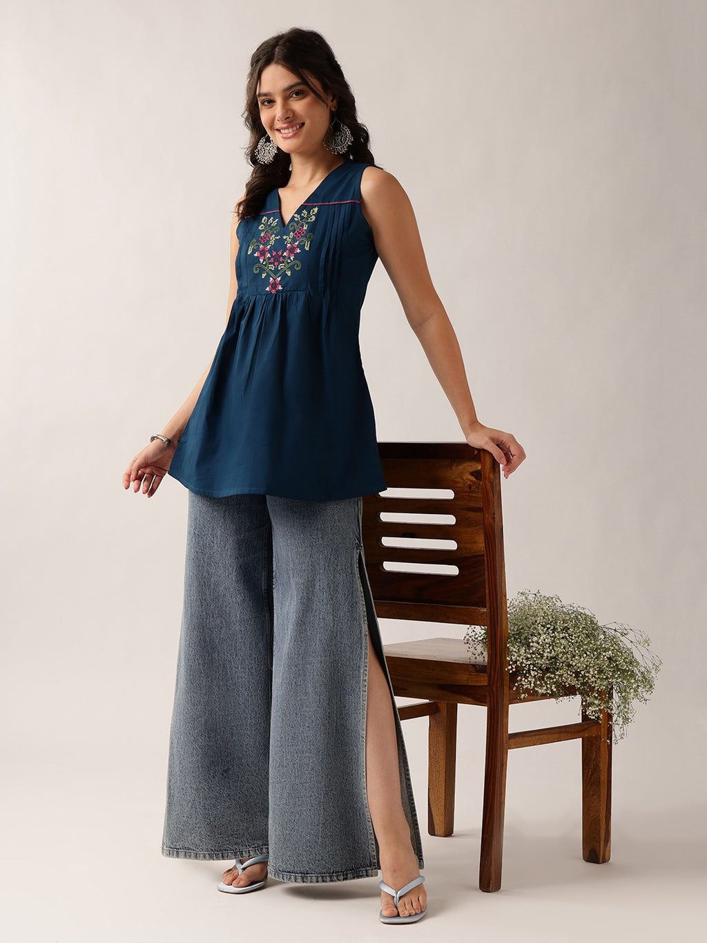 Women's White Embroidered Cotton Sleeveless Tunic Top