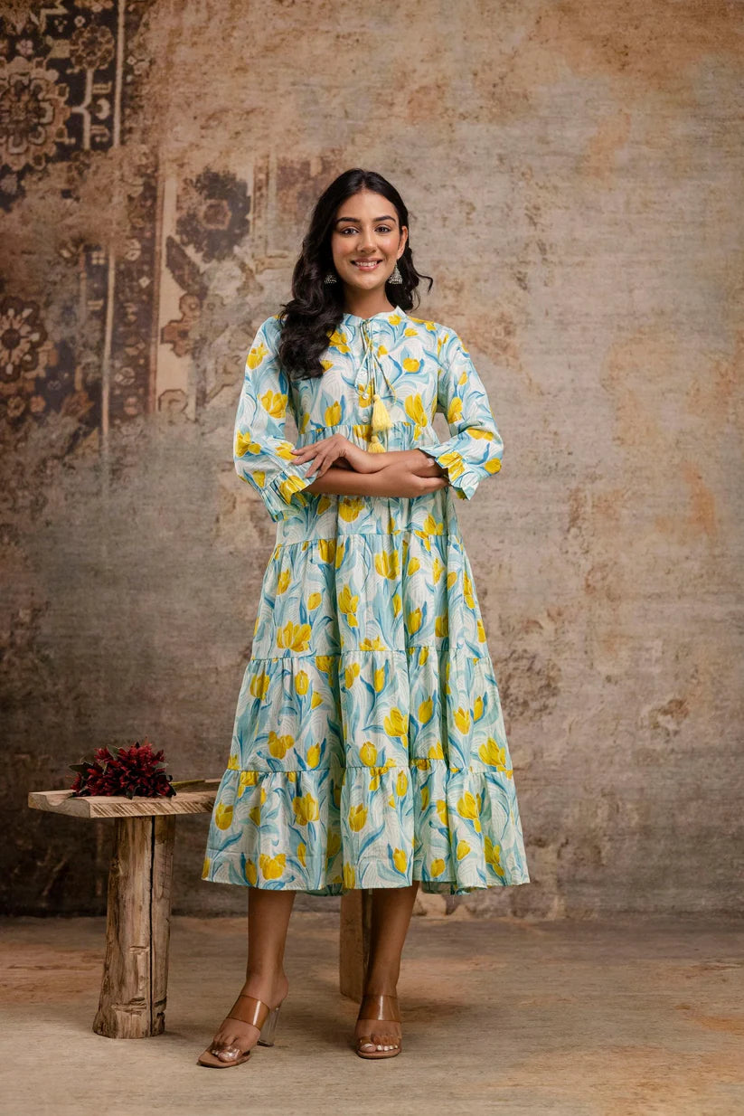 Pure Cotton Printed Flared Midi Dress
