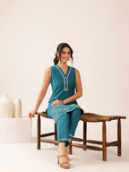 Women's Pure Cotton Embroidered Sleeveless Kurta & Pant Set