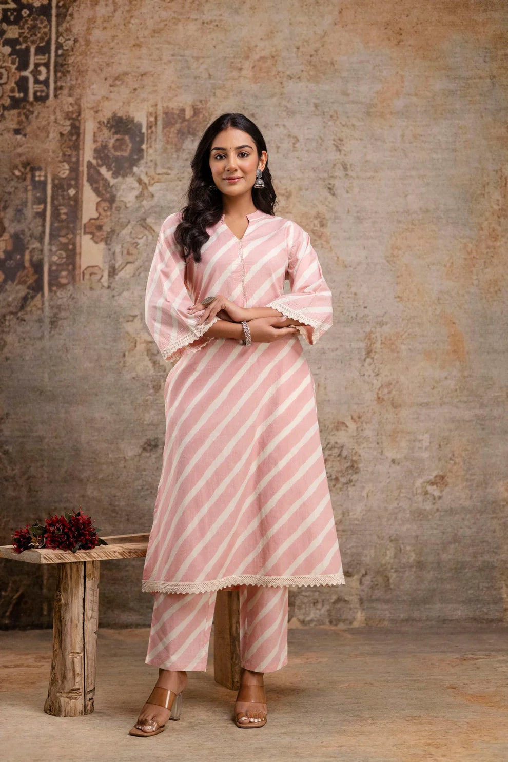 Blush Pink Striped Cotton Kurta Set for Women – Elegant Summer Co-Ord