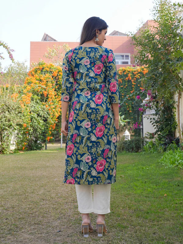 Aqua Blue Printed Cotton Straight Kurta