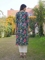 Aqua Blue Printed Cotton Straight Kurta