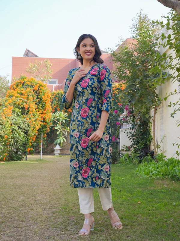 Aqua Blue Printed Cotton Straight Kurta