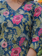 Aqua Blue Printed Cotton Straight Kurta