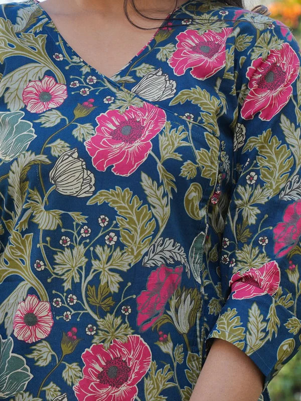 Aqua Blue Printed Cotton Straight Kurta