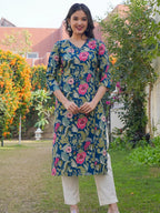 Aqua Blue Printed Cotton Straight Kurta