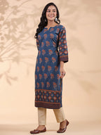 Blue Floral Print Straight Cotton Stitched Kurta