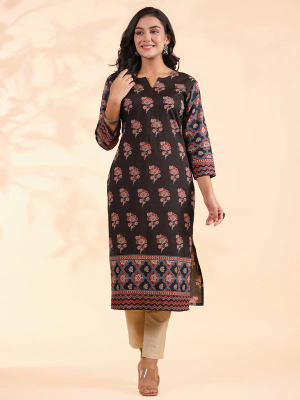 Black Floral Print Straight Cotton Kurta