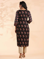 Black Floral Print Straight Cotton Kurta