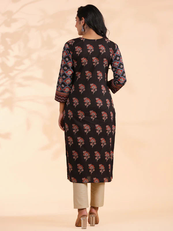 Black Floral Print Straight Cotton Kurta