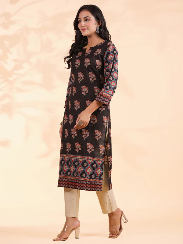Black Floral Print Straight Cotton Kurta