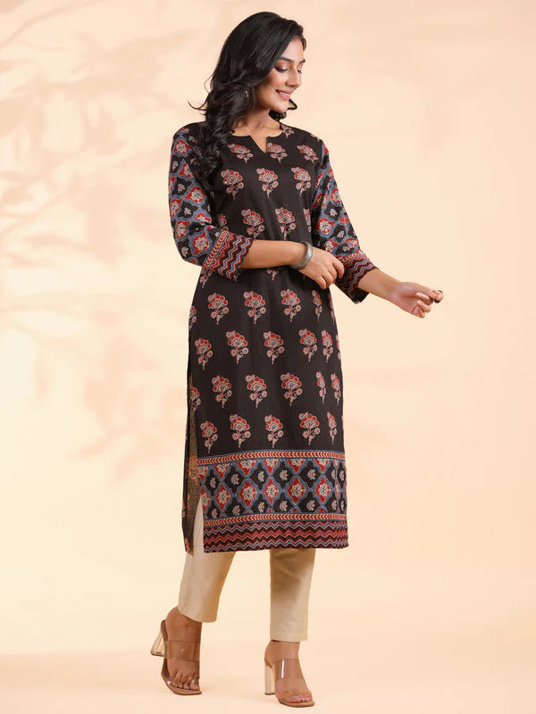 Black Floral Print Straight Cotton Kurta