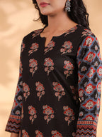 Black Floral Print Straight Cotton Kurta