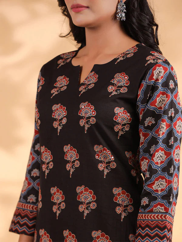 Black Floral Print Straight Cotton Kurta