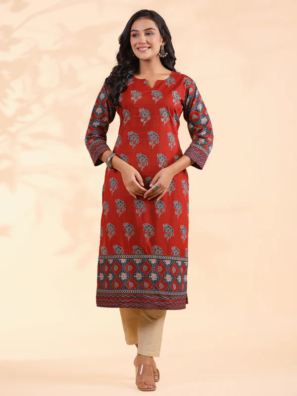 Red Floral Print Straight Cotton Stitched Kurta