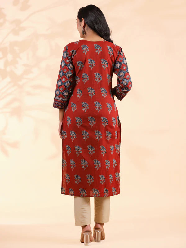 Red Floral Print Straight Cotton Stitched Kurta