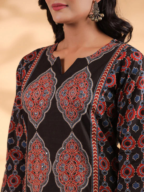 Black Sequence Work Straight Cotton Stitched Kurta
