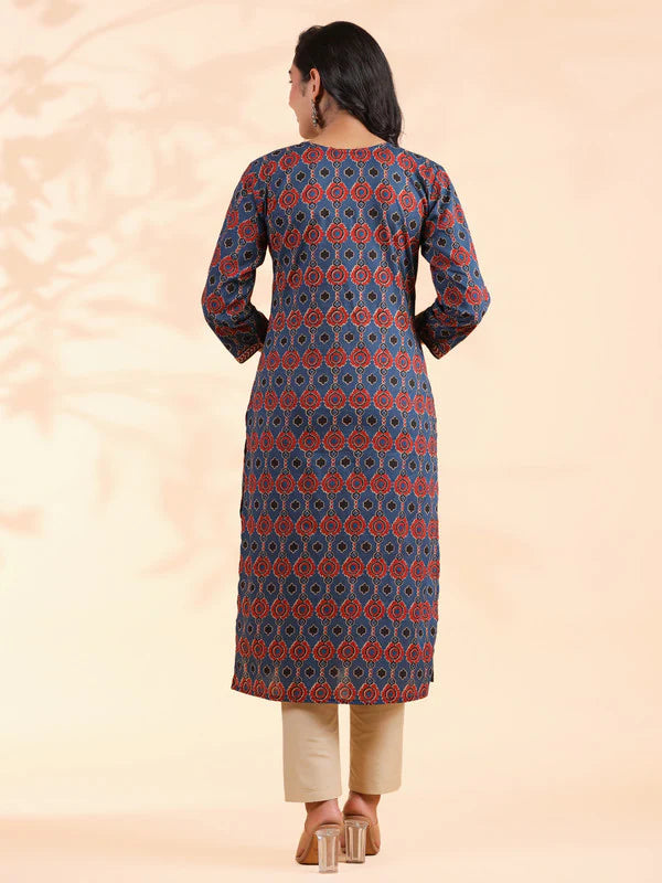Blue Sequence Work Straight Cotton Stitched Kurta