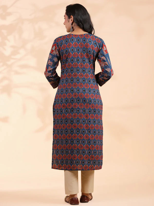 Blue Animal Print Straight Cotton Stitched Kurta