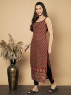 Maroon Floral Print Straight Cotton Kurta