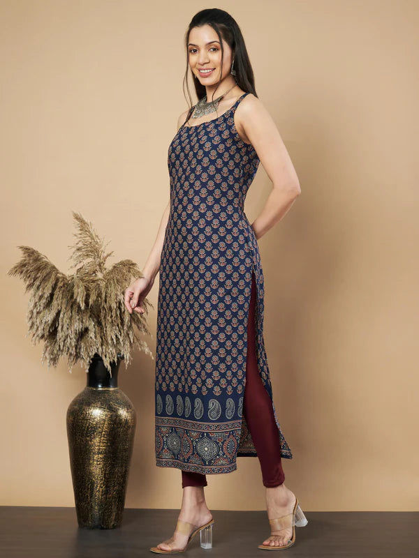 Maroon Floral Print Straight Cotton Kurta