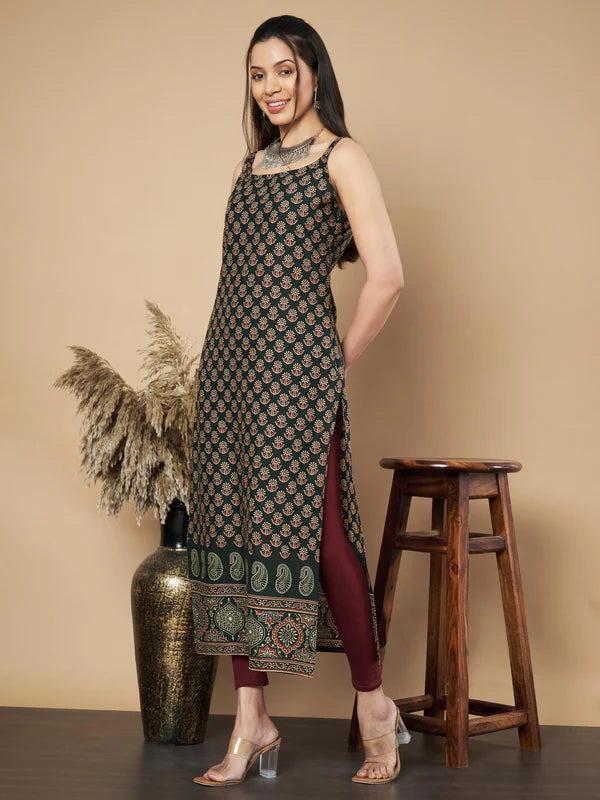 Maroon Floral Print Straight Cotton Kurta