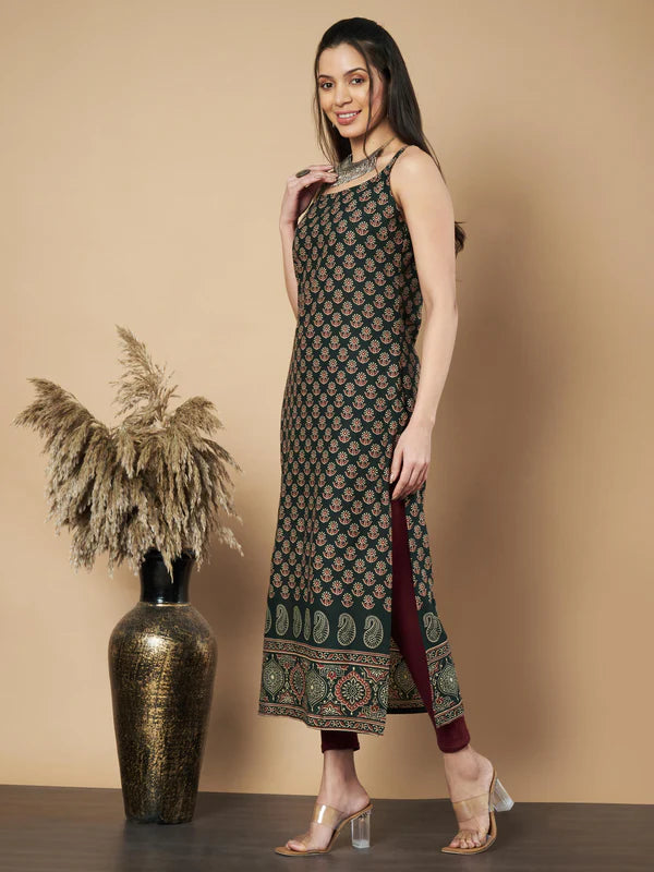 Maroon Floral Print Straight Cotton Kurta