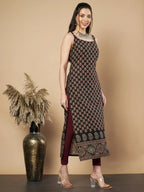 Maroon Floral Print Straight Cotton Kurta