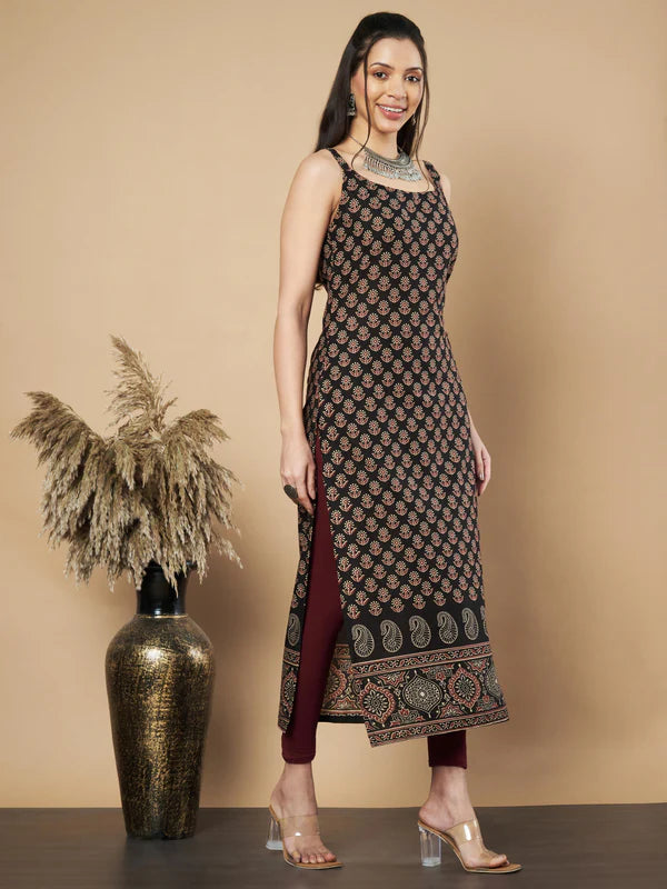 Maroon Floral Print Straight Cotton Kurta