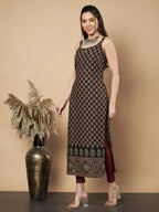 Maroon Floral Print Straight Cotton Kurta