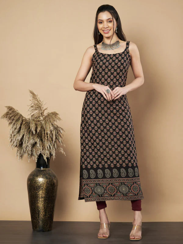 Maroon Floral Print Straight Cotton Kurta
