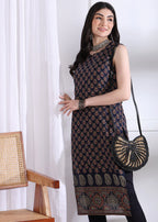 Navy Blue Floral Print Straight Cotton Kurta