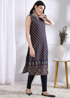 Navy Blue Floral Print Straight Cotton Kurta