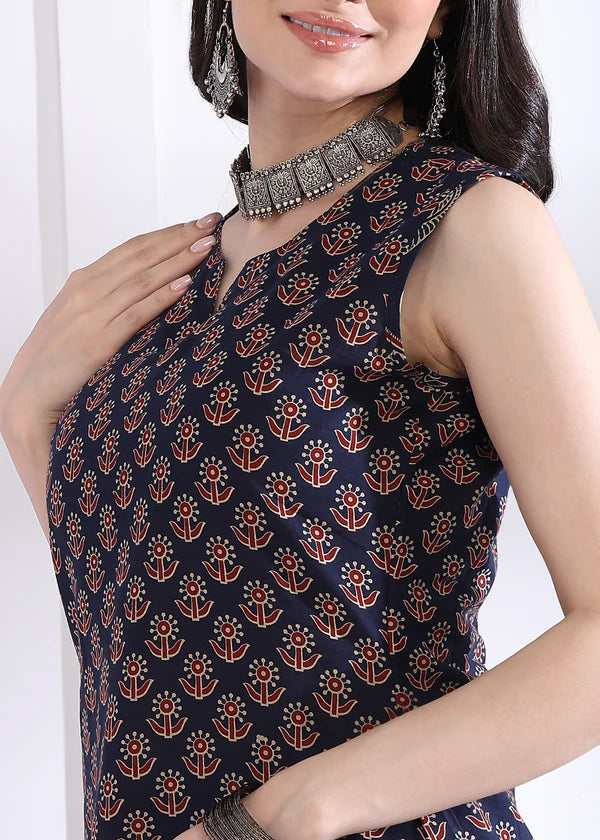 Navy Blue Floral Print Straight Cotton Kurta