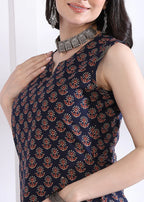 Navy Blue Floral Print Straight Cotton Kurta