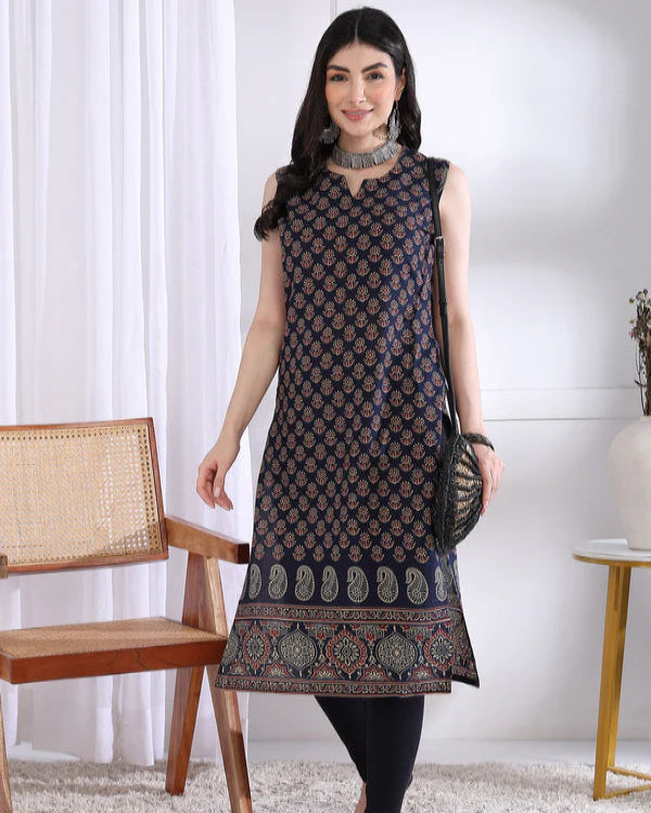 Navy Blue Floral Print Straight Cotton Kurta