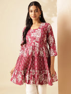 Light Magenta Floral Print Anarkali Cotton Tunic Top