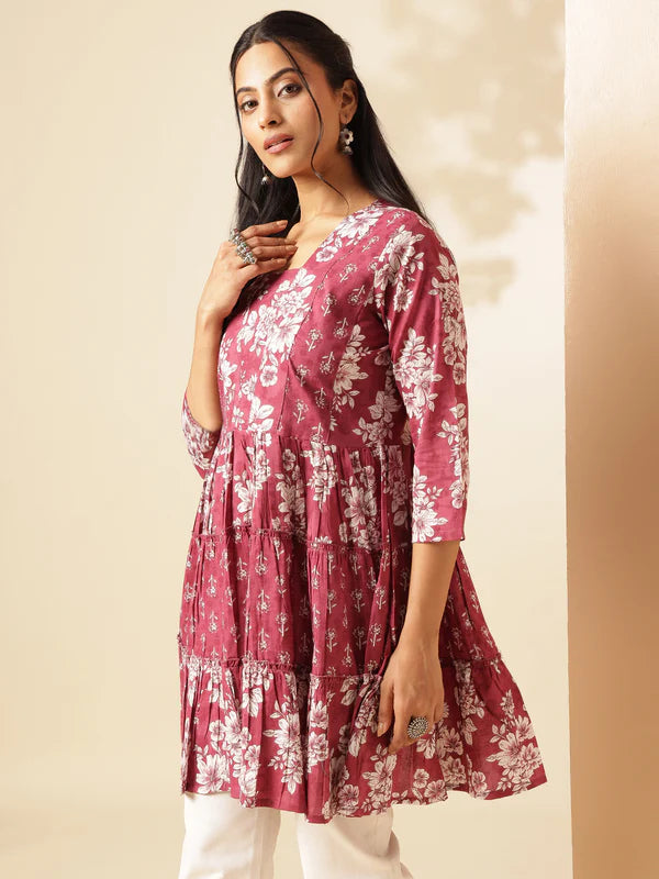 Light Magenta Floral Print Anarkali Cotton Tunic Top