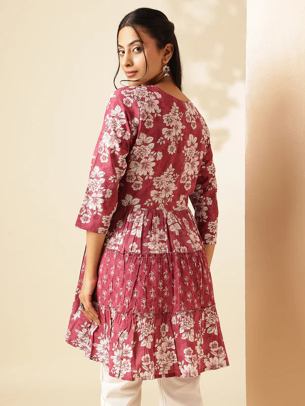 Light Magenta Floral Print Anarkali Cotton Tunic Top
