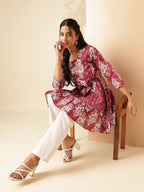 Light Magenta Floral Print Anarkali Cotton Tunic Top