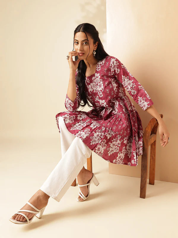 Light Magenta Floral Print Anarkali Cotton Tunic Top