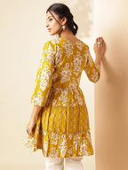 Yellow Floral Print Anarkali Cotton Tunic Top
