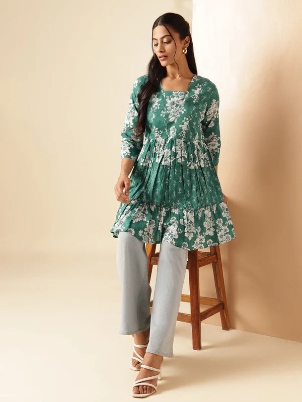 Aqua Floral Print Anarkali Cotton Tunic Top