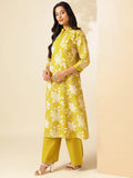 Yellow Cotton Floral Print A-Line Kurta Set